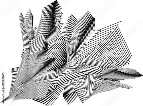 abstract, three-dimensional form composed black lines on white background, complex, angular, and somewhat structure of object, impression of intricate detail  and sense of dynamic energy, precision