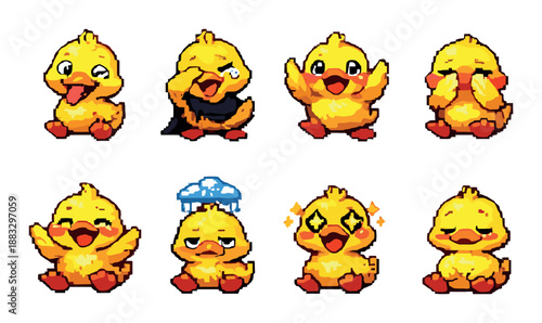 Cute pixel duck emojis in various expressive poses and emotions