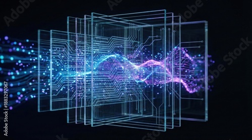 Abstract 3D glass circuit board plates with glowing blue digital data wave. Futuristic electronic signal processing and neural network technology background
