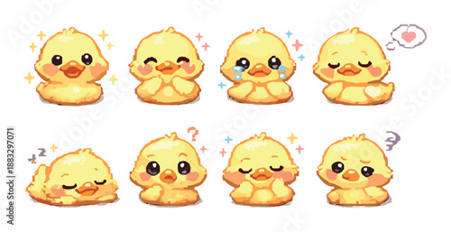 Adorable pixel art ducklings displaying various cute expressions