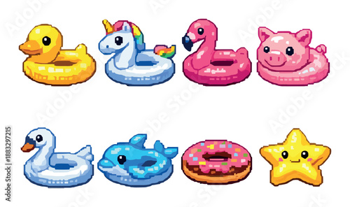 Vibrant pixel art pool floats displayed in bright colors