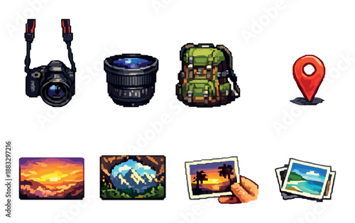Adventure photography icons: camera, lens, backpack, landscape, travel, location
