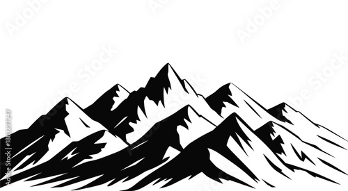 Mountain range black and white illustration with jagged peaks, textured slopes, minimalist nature landscape on white background.