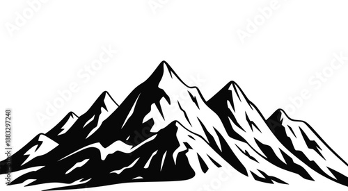 Mountain range black and white illustration with jagged peaks, textured slopes, minimalist nature landscape on white background.