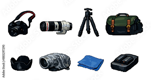 Photography gear collection: camera, lenses, tripod, bag, and accessories
