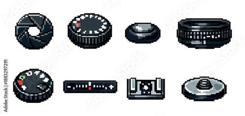 Pixel art camera accessories set with various buttons and controls on a grey background