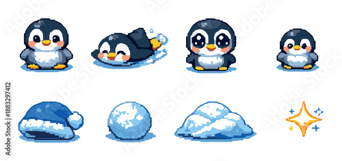 Adorable cartoon penguins with snow and hat in pixel art style