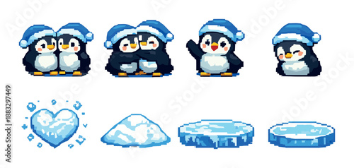 Cute penguins in blue hats with ice elements