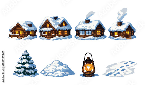 Pixel art snowy cabins and winter elements with warm lighting