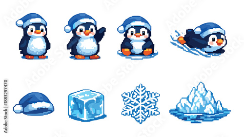 Pixel art penguin animations with winter elements