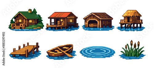 Pixel art: cozy lakeside cabins, dock, boat, pond, and water plants
