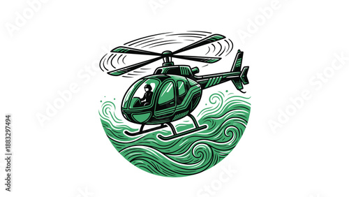 Green helicopter flying over water, a detailed illustration of the aircraft.