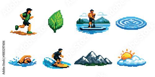 Pixel art of outdoor activities and nature elements