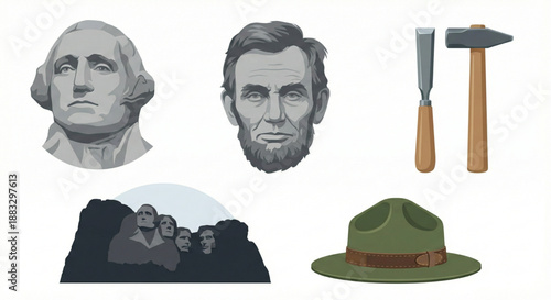 Illustrations of historical American figures, monumental sculptures, and related tools