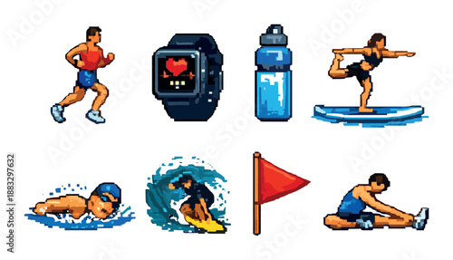 Pixel art fitness icons: diverse athletic activities and equipment