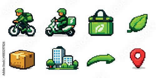 Pixel art delivery icons: courier, package, map pin, arrow, cityscape, leaf