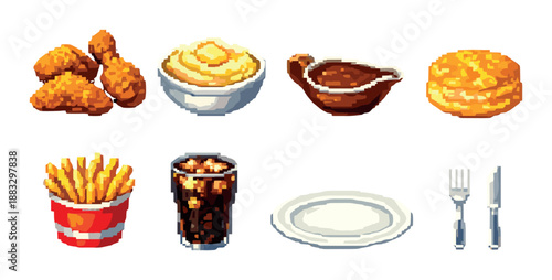 Pixel art fast food meal: chicken, mashed potatoes, gravy, biscuit, fries, soda, empty plate, utensils