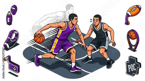 Dynamic basketball game illustration with players in action and sports equipment icons