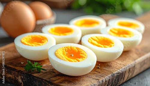 Boiled egg cut open showing a centered yolk with shallow depth of field, calm kitchen mood, soft light, and clean composition for realistic culinary food stock use.