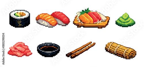 Pixel art sushi: nigiri, maki, sashimi, wasabi, chopsticks, soy sauce