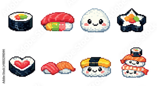 Cute pixel art sushi icons featuring adorable faces in various styles
