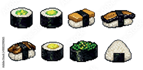 Pixel art sushi assortment with nigiri and rolls on gradient background