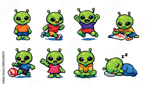 Cute pixel art aliens: playful green characters in various activities