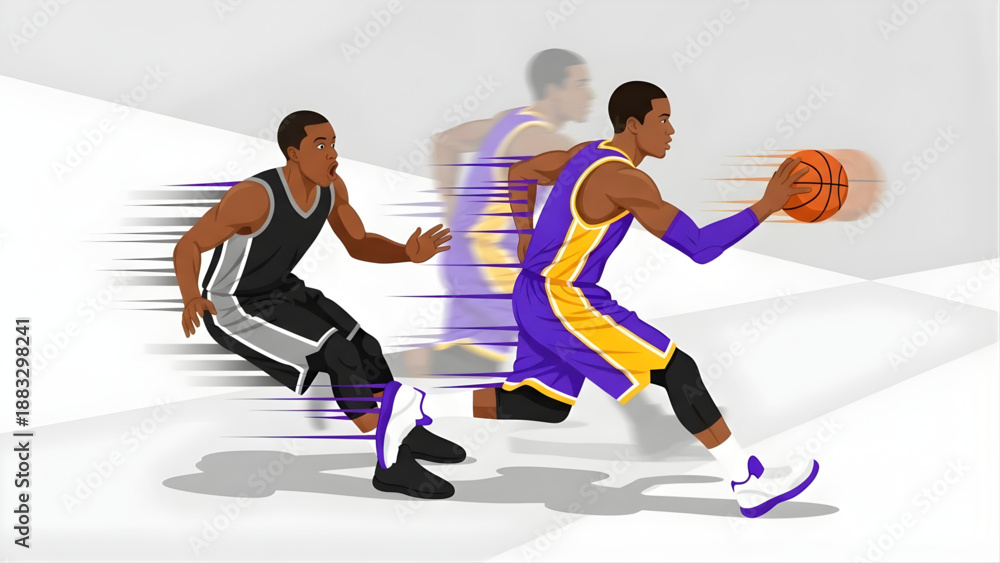 Fototapeta premium Dynamic Illustration of a Basketball Player Dribbling Past an Opponent with Motion Blur
