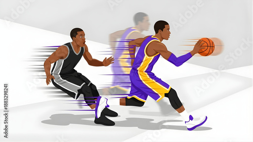 Dynamic Illustration of a Basketball Player Dribbling Past an Opponent with Motion Blur