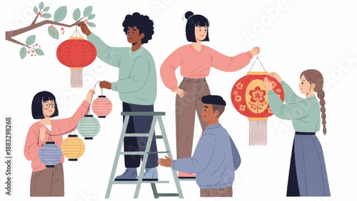 Group of People Hanging Decorative Lanterns in a Tree for a Festive Celebration