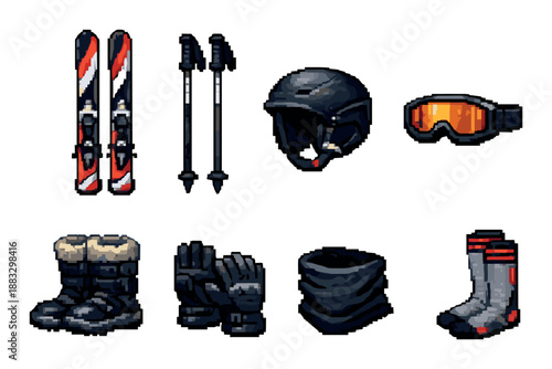 Pixel art skiing gear set with skis, poles, helmet, goggles, boots, gloves, scarf, socks
