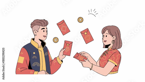 Man and woman exchanging red envelopes with money floating between them, illustrating a financial transaction scene