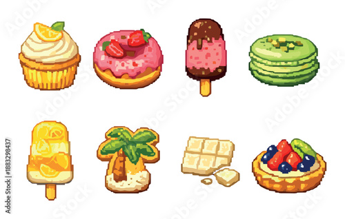 Pixel art desserts: cupcake, donut, ice cream, macaron, popsicle, cookie, chocolate, fruit tart