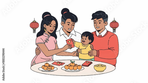 Family Gathering during Lunar New Year Celebration with Traditional Food and Red Envelopes