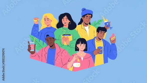 Diverse group of people celebrating together, enjoying drinks and technology, in a vibrant social setting from an overhead viewpoint