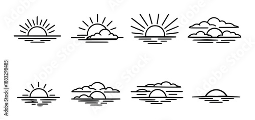 Minimalist sunrise and sunset icon set with sun and cloud variations