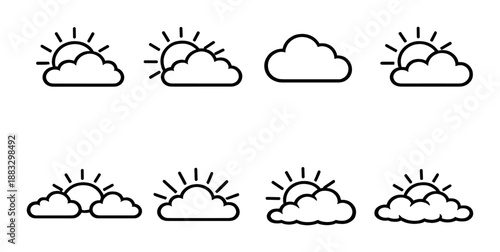 Minimalist weather icons with sun and clouds in black