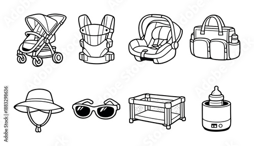Essential baby gear icons: stroller, carrier, car seat, diaper bag, hat, sunglasses, playpen, bottle warmer