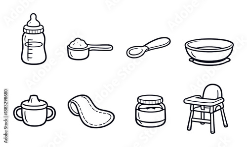 Set of baby feeding items: bottle, spoon, bowl, sippy cup, high chair, jar