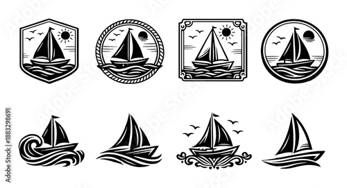 Set of nautical badges and silhouettes featuring sailboats on black background