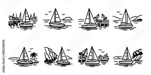 Minimalist black and white sailboat illustrations collection at sea