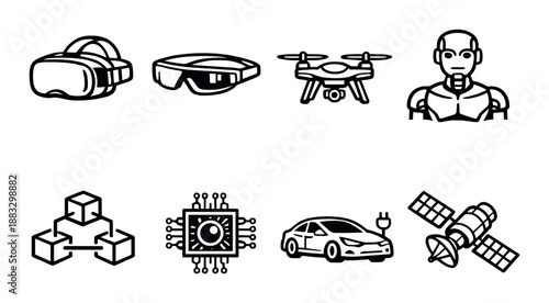 Futuristic technology icons: vr, ar, drones, ai, blockchain, chips, ev, satellite