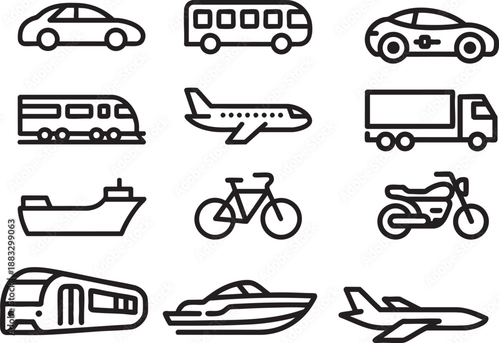 Fototapeta premium Collection of nine simplified black line transportation on white background train airplane truck