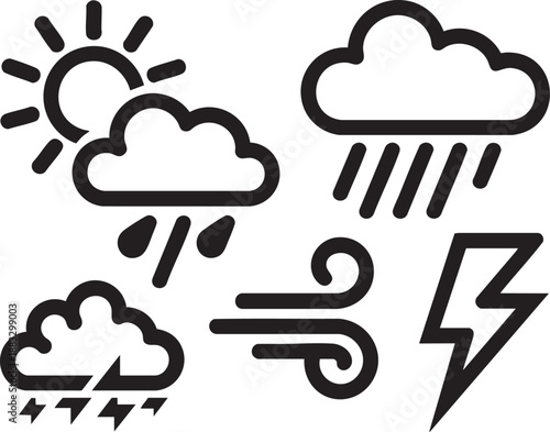 Collection of black weather showing sun rain wind storm and lightning cloud