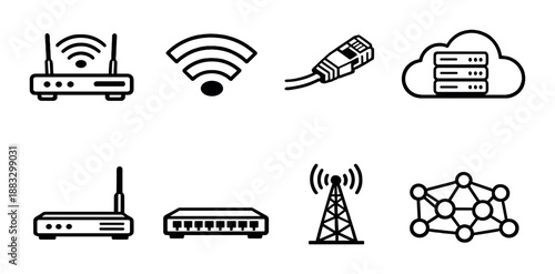 Network devices and connectivity icons on dark background