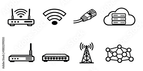 Network devices and symbols: router, wifi, ethernet, cloud, antenna, nodes
