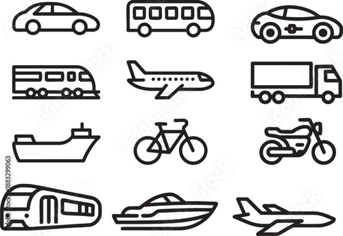 Collection of nine simplified black line transportation on white background train airplane truck