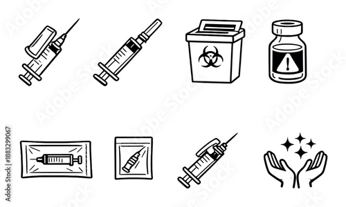 Medical injection icons: syringes, needles, disposal, medication, and hygiene symbols