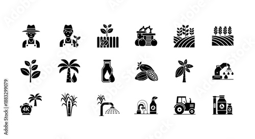 A set of 18 black minimalist icons in one frame, each with a different design themed around plantations and agriculture.