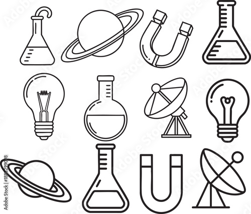 Collection of science and discovery featuring planets lightbulbs magnets and flasks saturn ringed